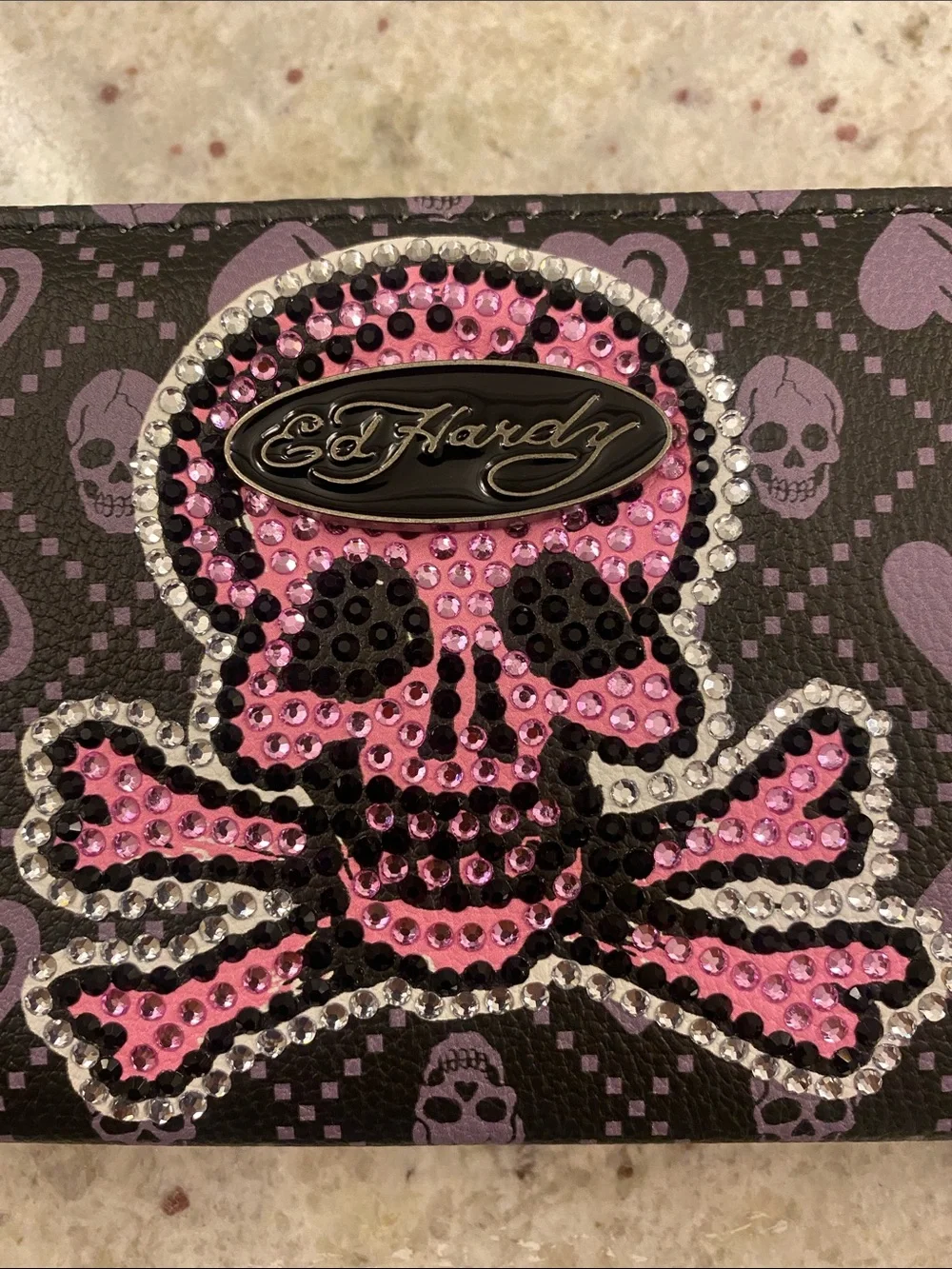Ed Hardy Black zippered Wallet wristlet with Pink & black Rhinestone Skull NWT